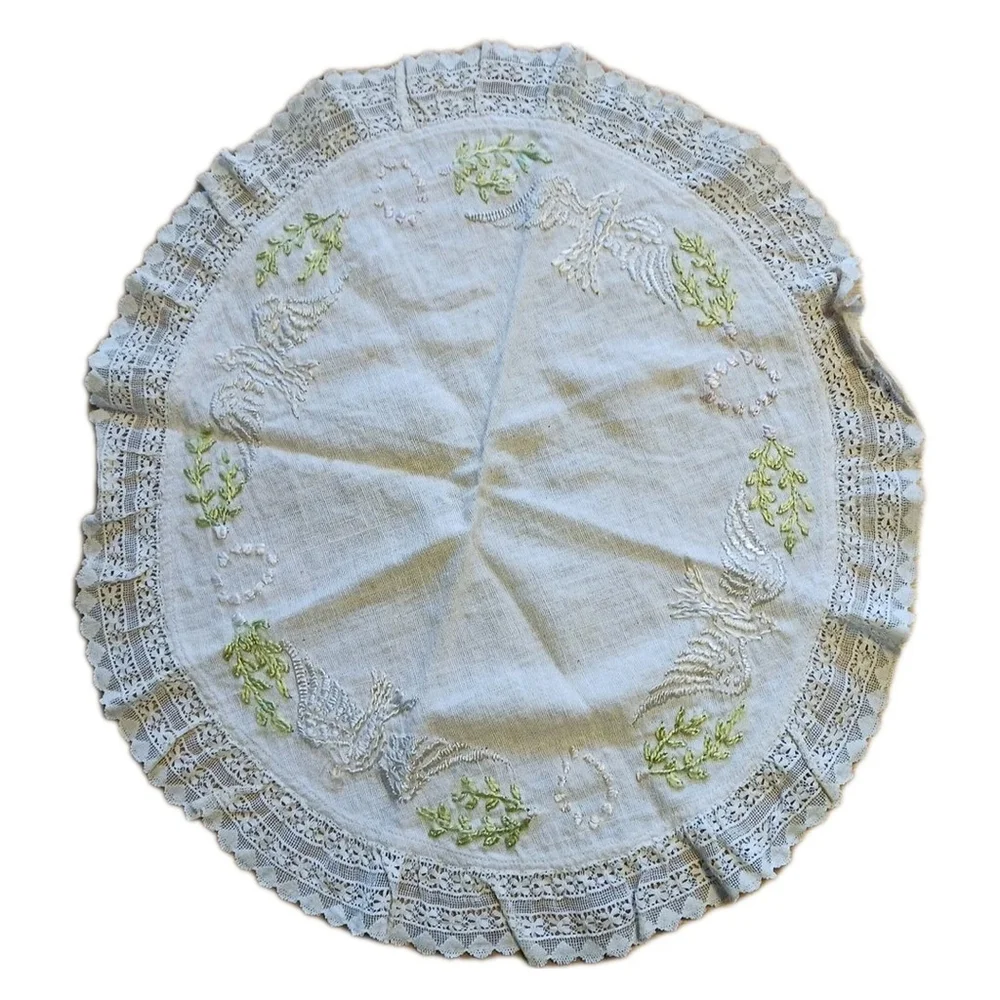 Vintage Hand Embroidered Table Runner Doves Birds Cotton Lace